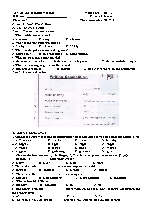 Đề kiểm tra 1 tiết số 2 môn Tiếng Anh Lớp 6 - Năm học 2019-2020 - Trường THCS Lê Quý Đôn